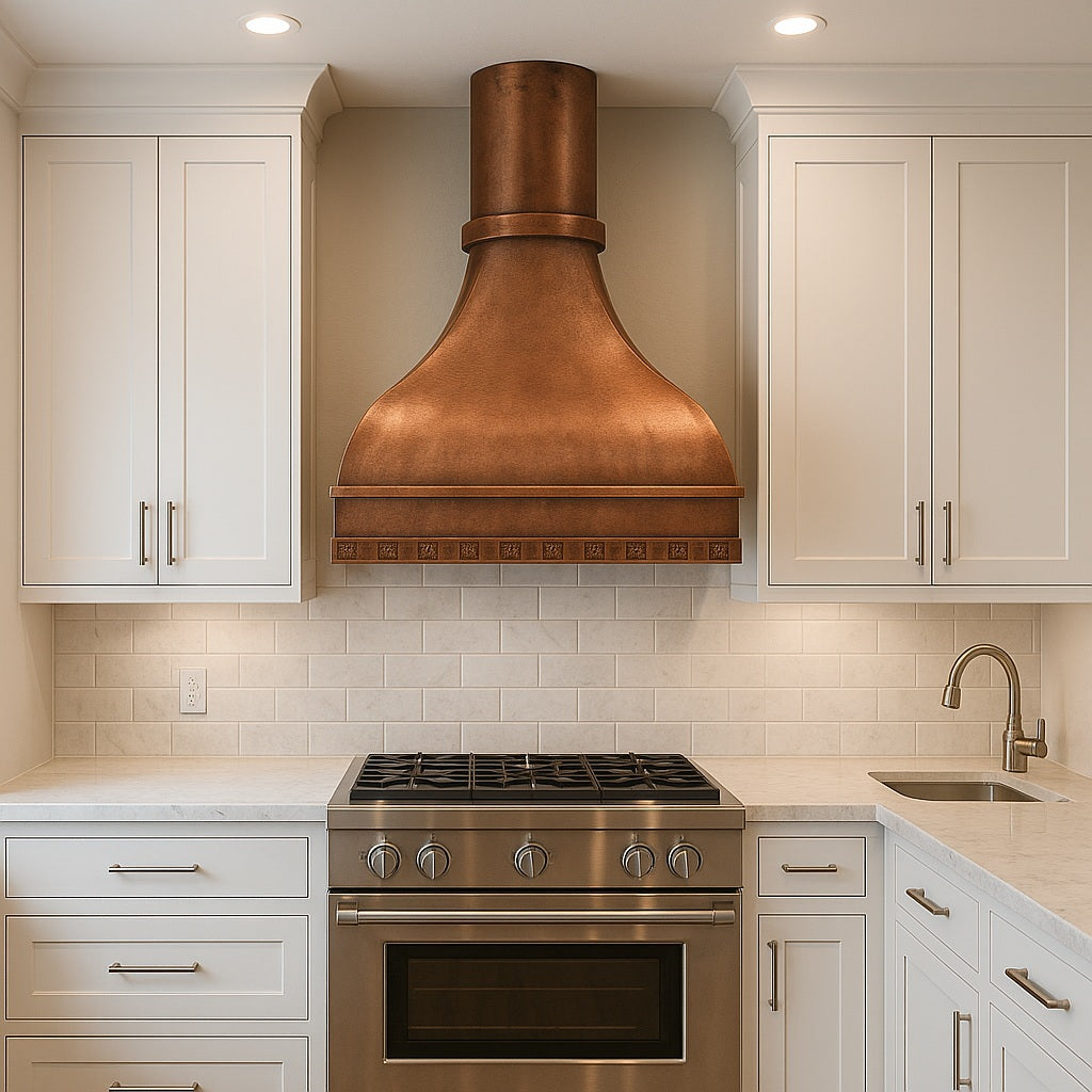 30-inch decorative domed copper range hood with a round chimney design