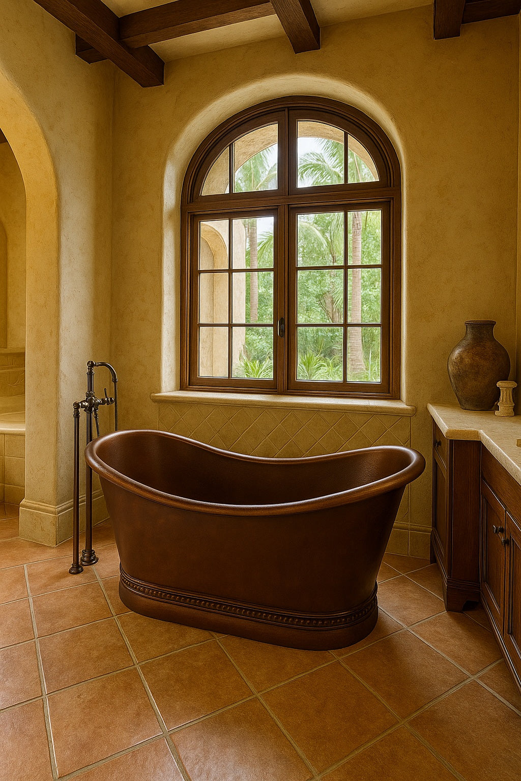 Double slipper copper bathtub with decorative base in a Spanish revival bathroom