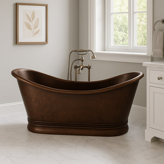 Double slipper copper bathtub with decorative base in a traditional style bathroom