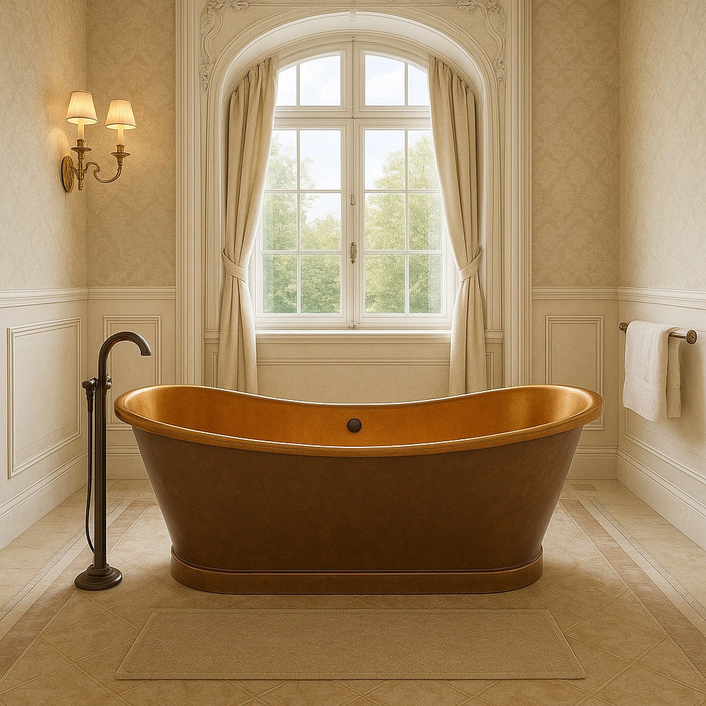 French country bathroom with a double slipper copper bathtub with two patina finishes