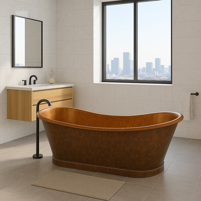 Contemporary bathroom with a double slipper copper bathtub with two patina finishes