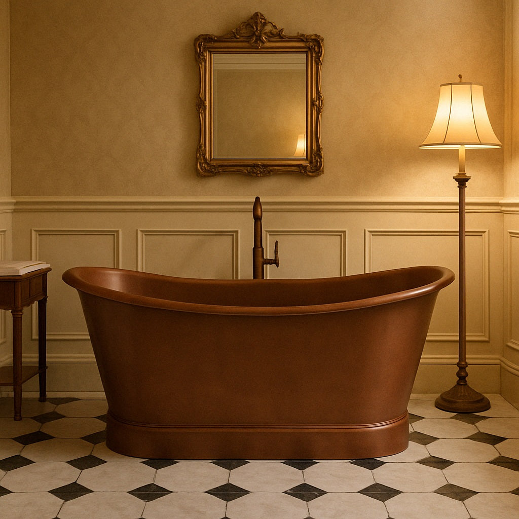 Double slipper smooth copper bathtub in a traditional bathroom
