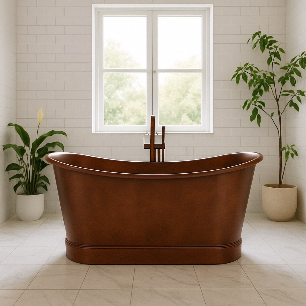 Double slipper copper bathtub in a bathroom