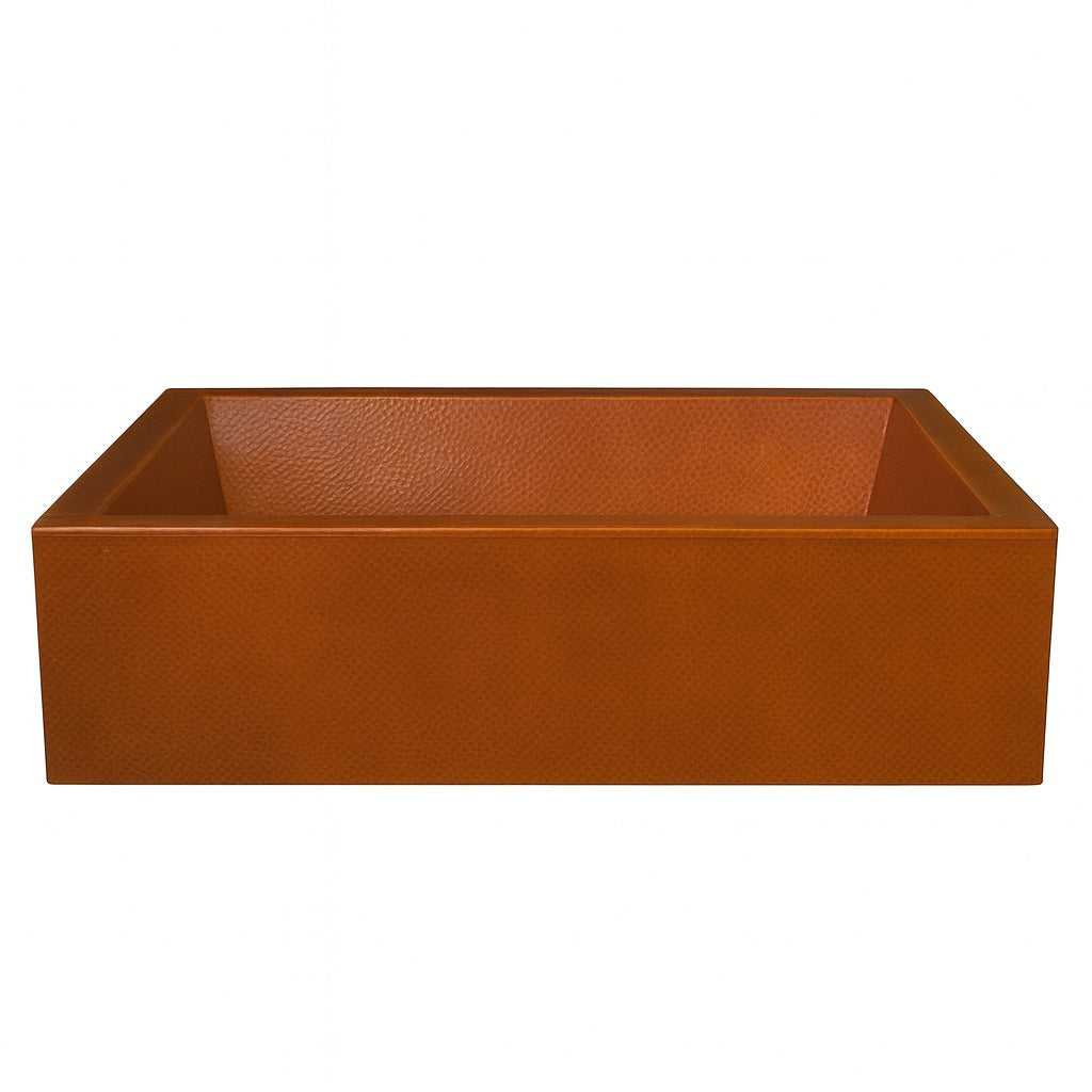 Rectangular drop-in copper bathtub with full apron front view