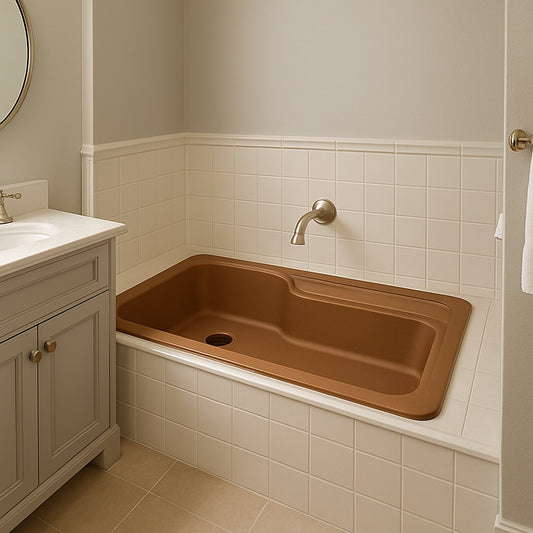 Drop-in copper bathtub for a bathroom alcove in a transitional bathroom style setting