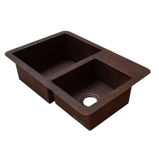 33-inch custom drop in undermount copper kitchen sink with larger left bowl and smaller right prep bowl