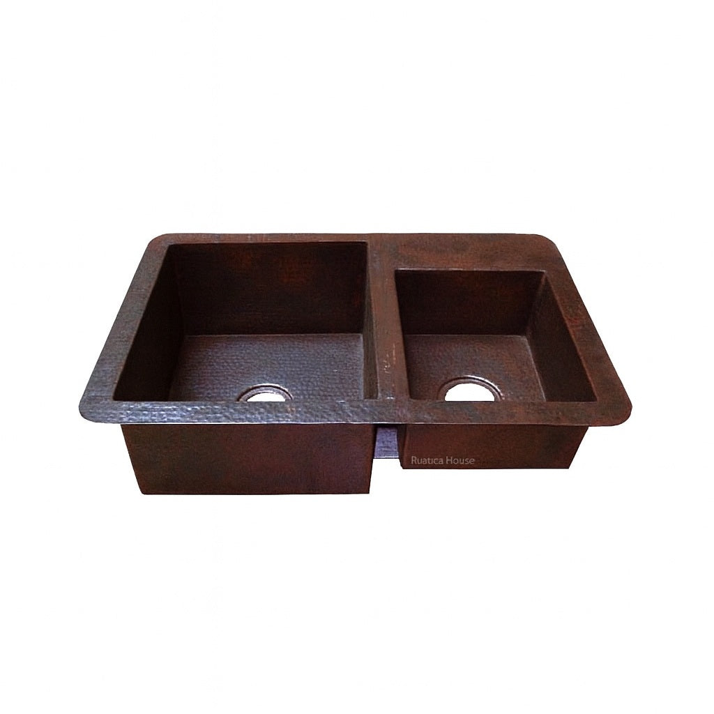 28-inch custom drop in undermount copper kitchen sink with small right  bowl and smaller right prep bowl