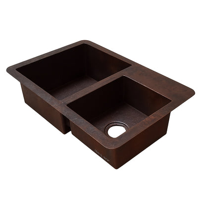 33-inch custom drop in undermount copper kitchen sink with small right bowl and smaller right prep bowl