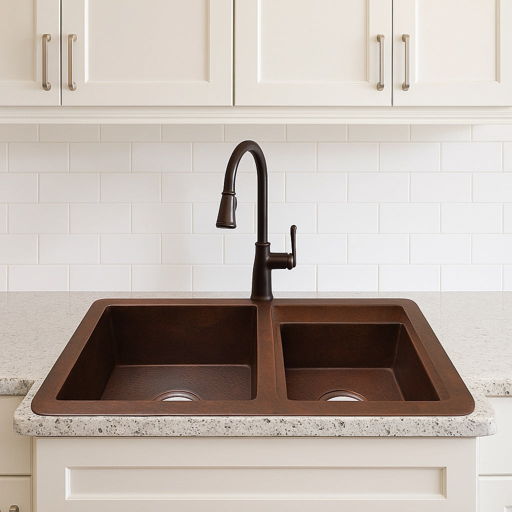 36-inch custom drop in undermount copper kitchen sink with small right prep bowl