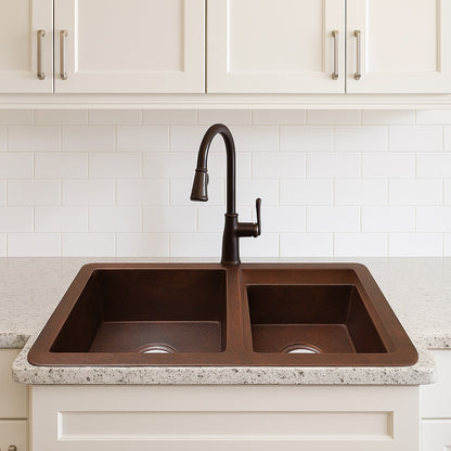 36-inch custom drop in undermount copper kitchen sink with small right prep bowl