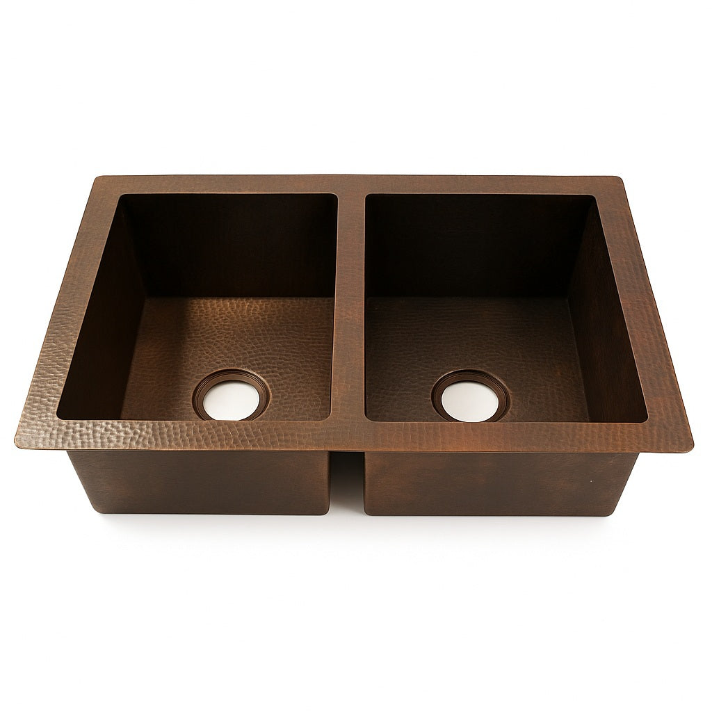 Custom made drop in undermount double bowl copper kitchen sink