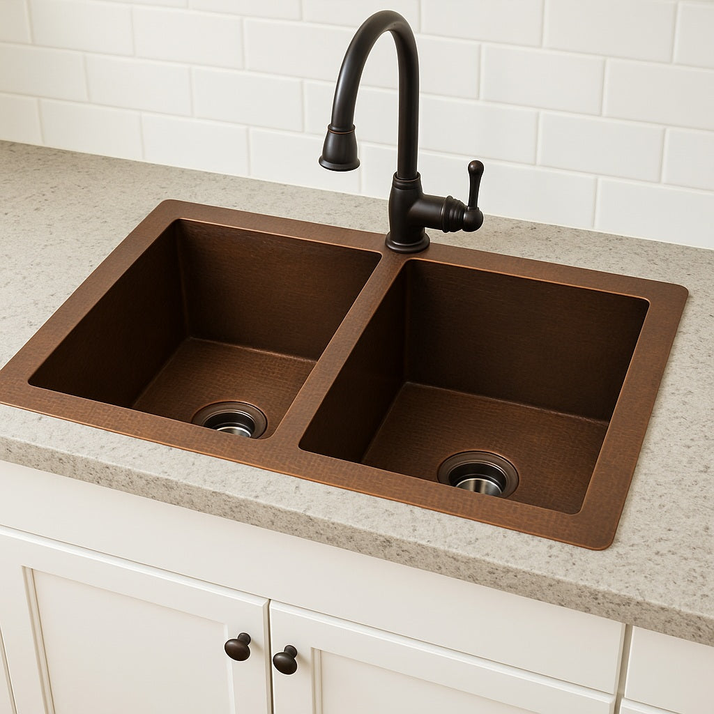 Custom made drop in undermount double bowl copper sink in a kitchen