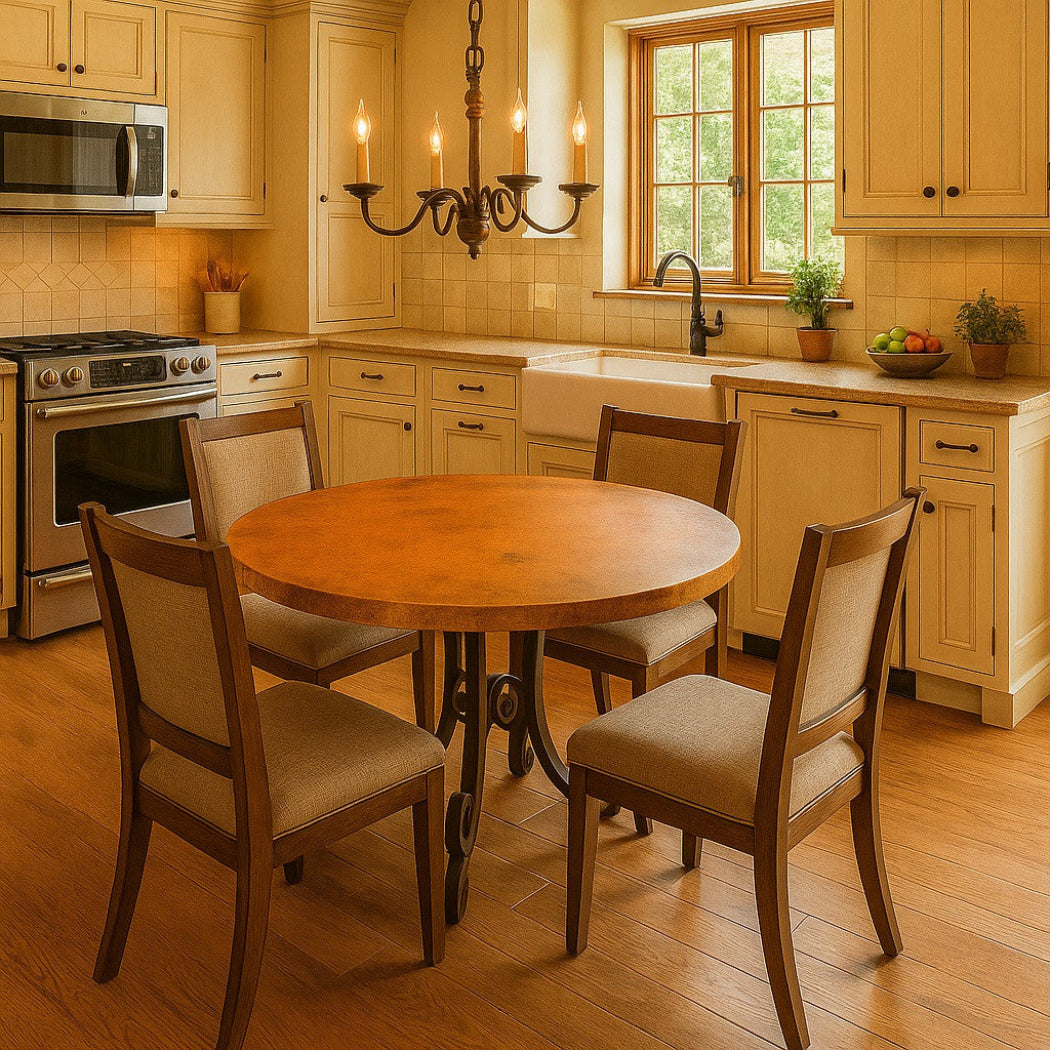 Colonial copper table with hand-forged iron base in a eat-in kitchen in American suburban style