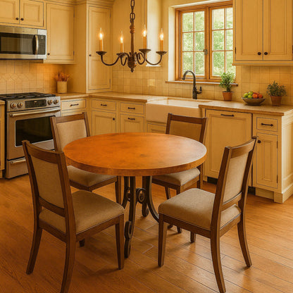 Colonial copper table with hand-forged iron base in a eat-in kitchen in American suburban style