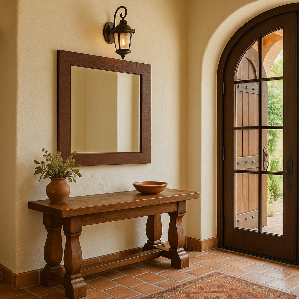 House entrance decorated with a custom hand-hammered rectangular copper mirror