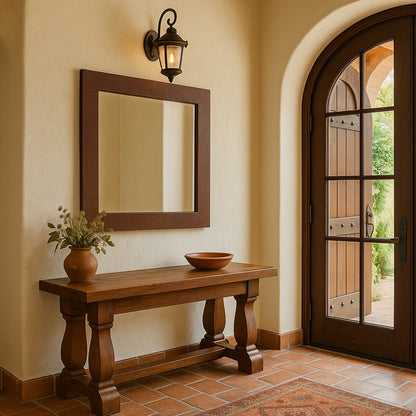 House entrance decorated with a custom hand-hammered rectangular copper mirror