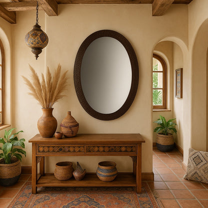 Custom oval copper mirror in a house entry in Pueblo Revival Style