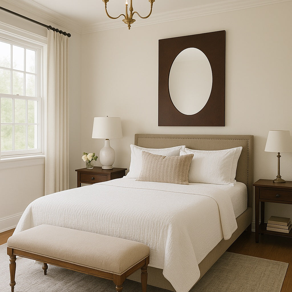 Custom rectangular copper mirror with oval center in an European style bedroom