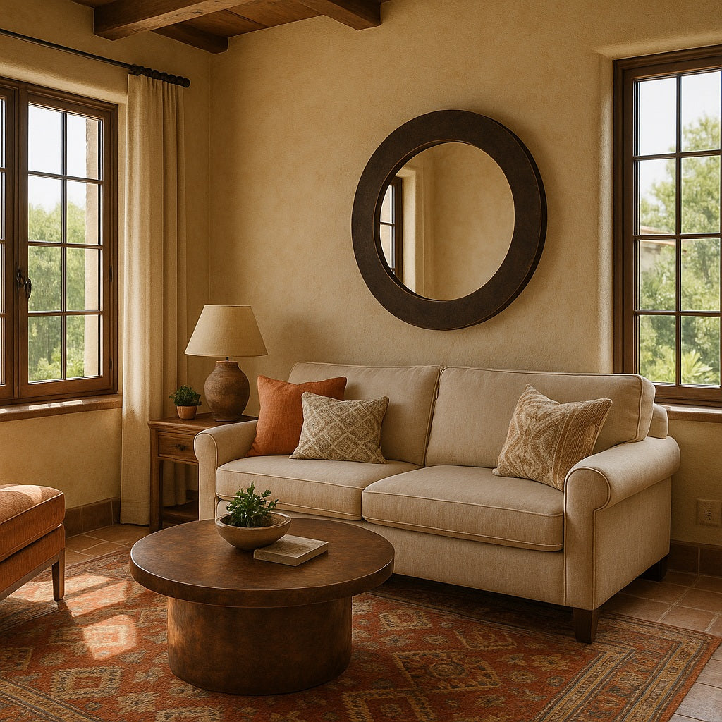 Family room with a custom hand-hammered round copper mirror