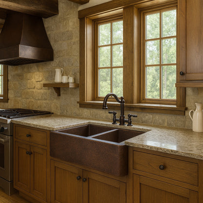 Farmhouse style kitchen with 28-inch custom apron copper kitchen sink with large left and smaller right bowl