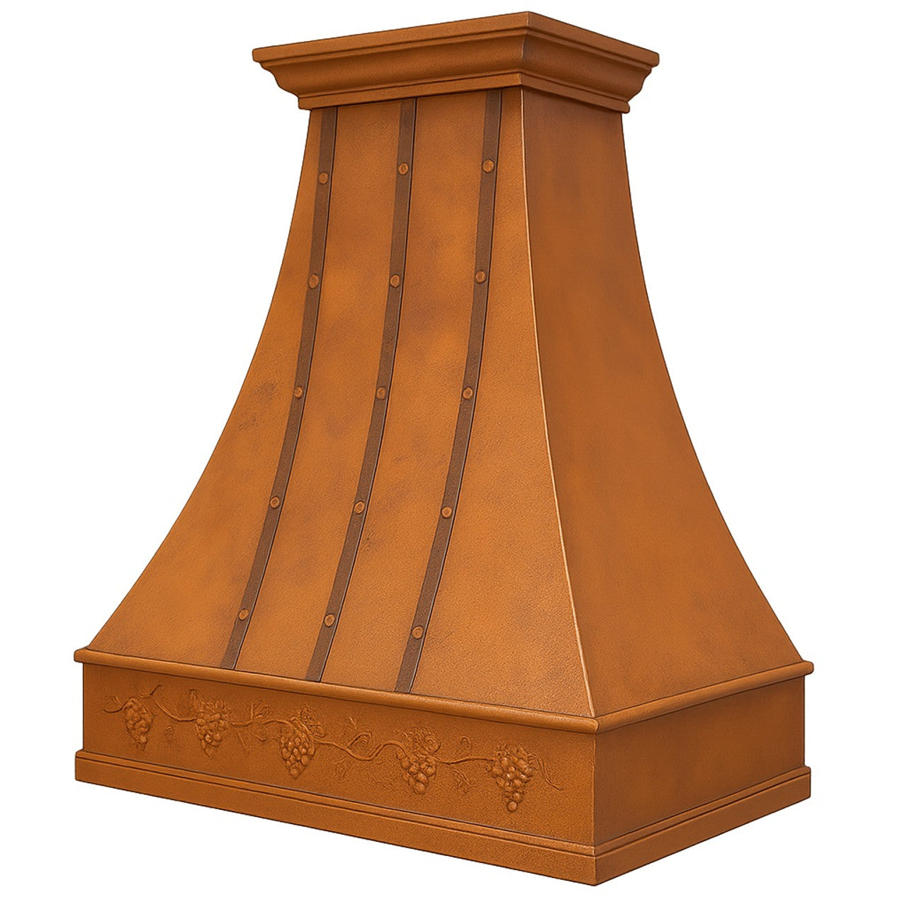 Made-to-order farmhouse copper kitchen hood with grapevine side view