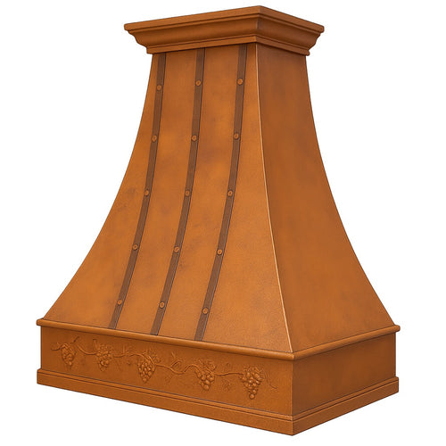 Made-to-order farmhouse copper kitchen hood with grapevine side view