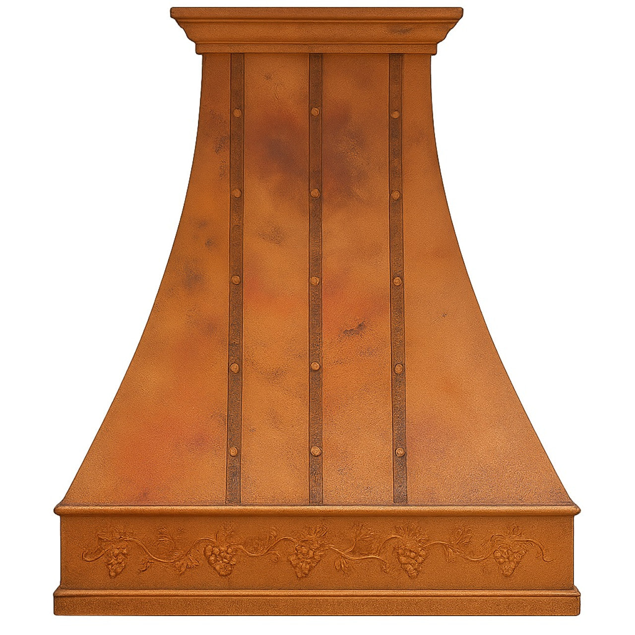 Made-to-order farmhouse copper kitchen hood with grapevine front view