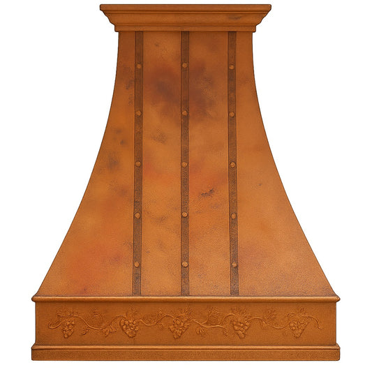 Made-to-order farmhouse copper kitchen hood with grapevine front view
