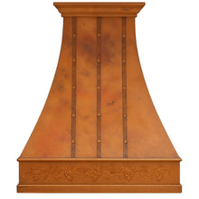 Made-to-order farmhouse copper kitchen hood with grapevine front view