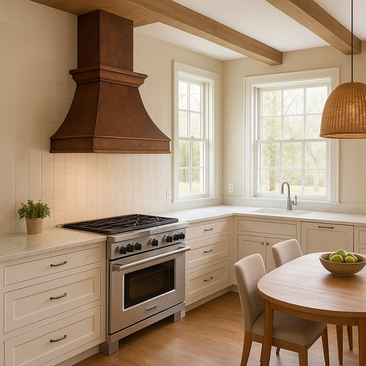 Flared copper range hood with crown ledge and aged patina in wall mount configuration