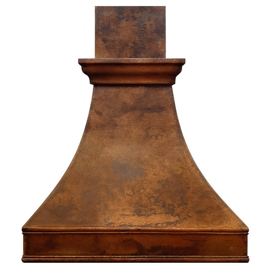 Flared copper range hood with crown ledge and aged patina