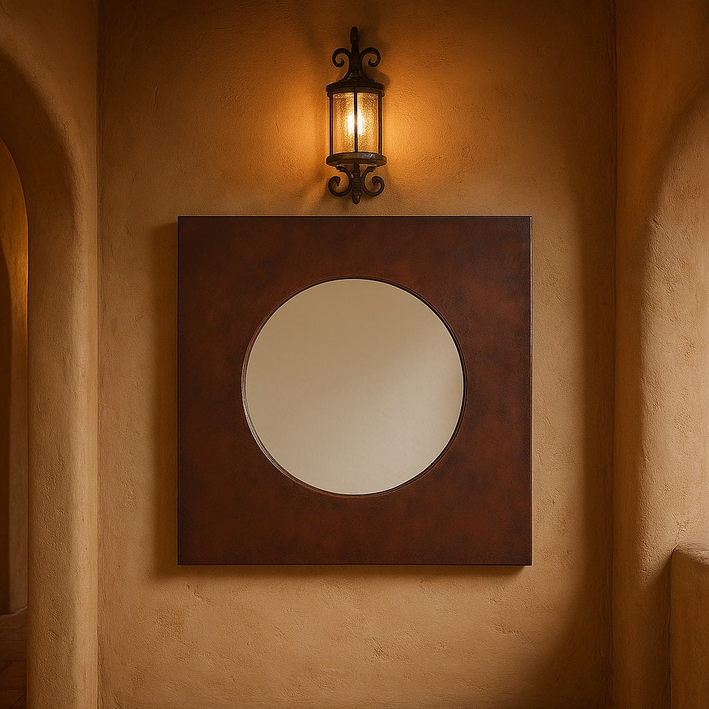 Foyer decorated with a custom square copper mirror with round center opening