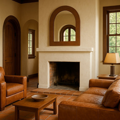 Custom hand-hammered arched copper mirror above a  chimney in a living room