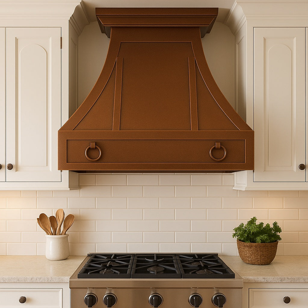 Hacienda copper range hood with decorative rings and trim panels in a colonial revival style kitchen
