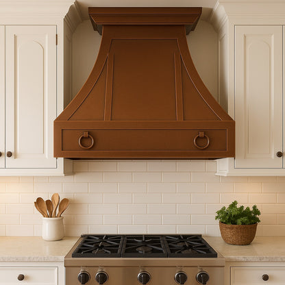 Hacienda copper range hood with decorative rings and trim panels in a colonial revival style kitchen