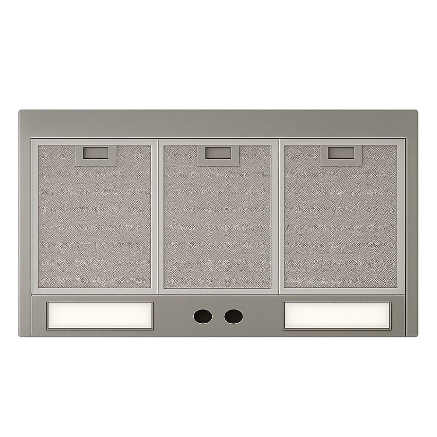 Hacienda copper range hood with decorative rings and trim panels, 200 CFM vent insert view