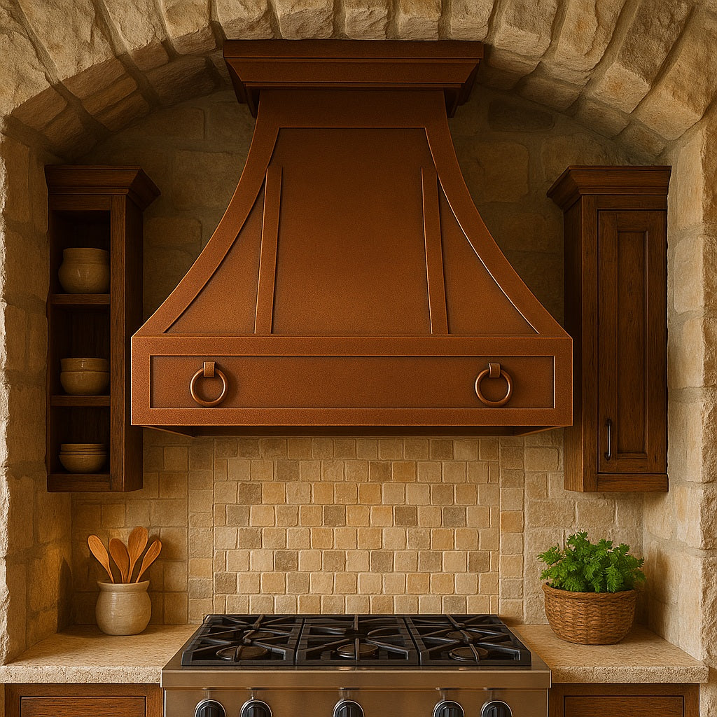 Hacienda copper range hood with decorative rings and trim panels in a Mediterranean design kitchen