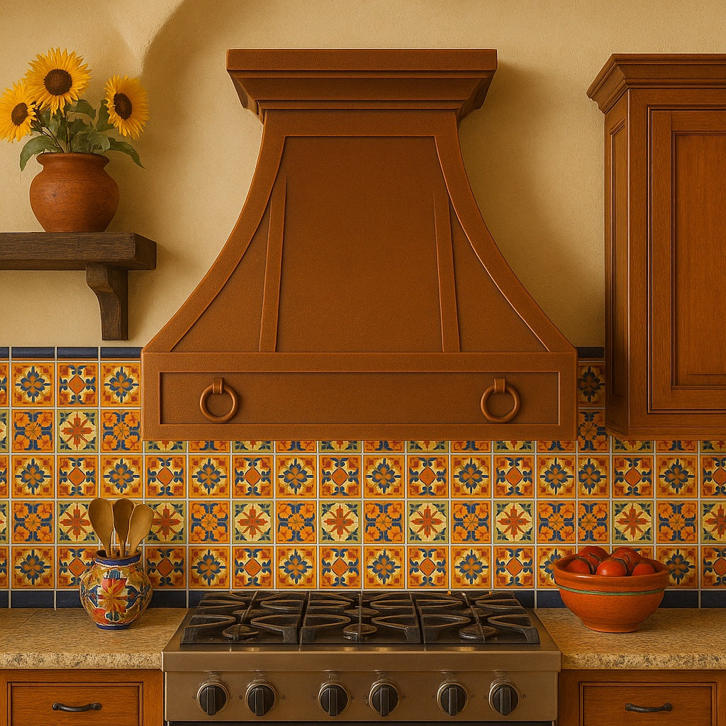 Hacienda copper range hood with decorative rings and trim panels in a Mexican style kitchen