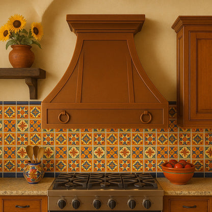 Hacienda copper range hood with decorative rings and trim panels in a Mexican style kitchen
