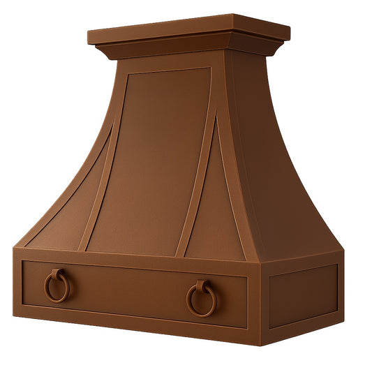 Hacienda copper range hood with decorative rings and trim panels, side view