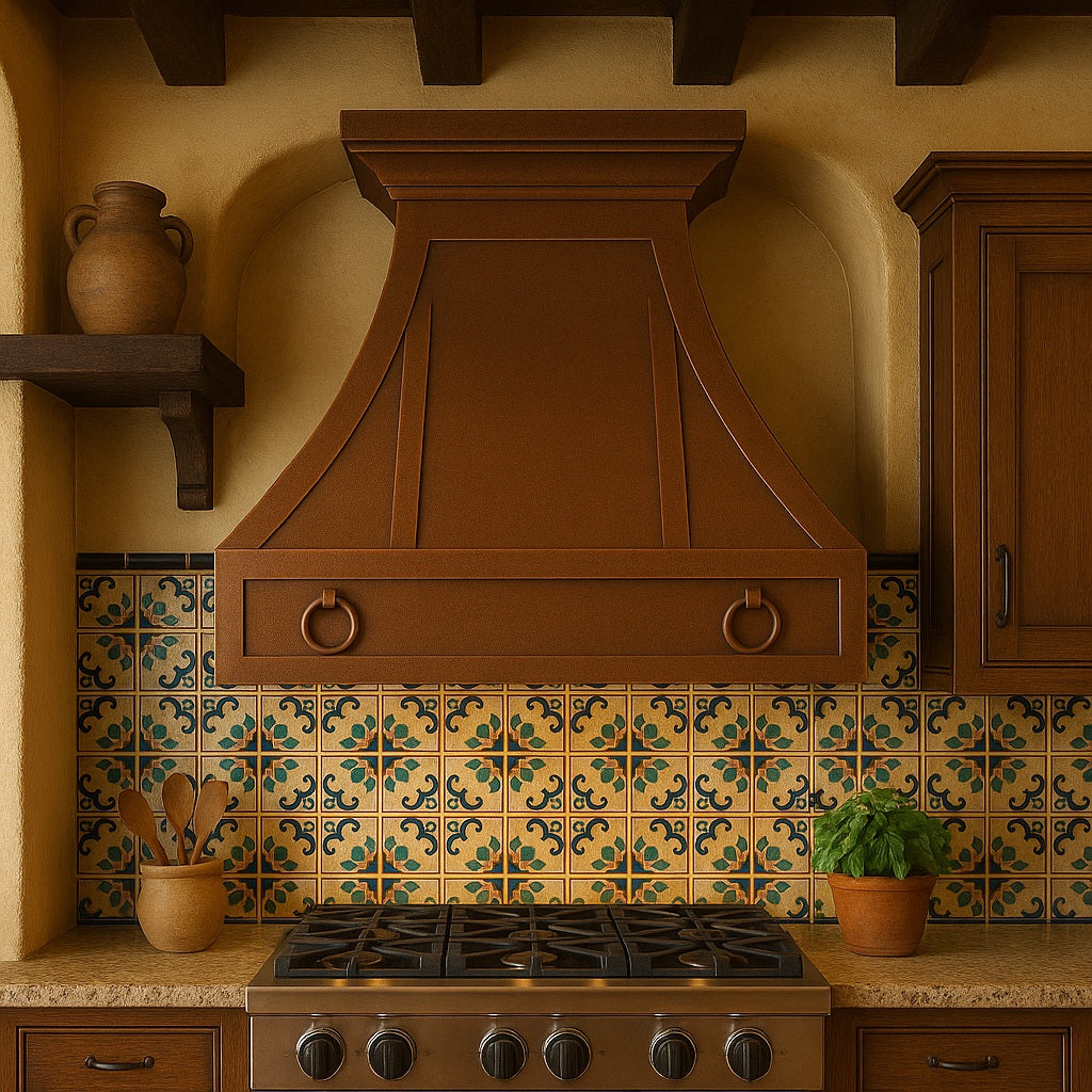 Hacienda copper range hood with decorative rings and trim panels in a Spanish Revival style kitchen