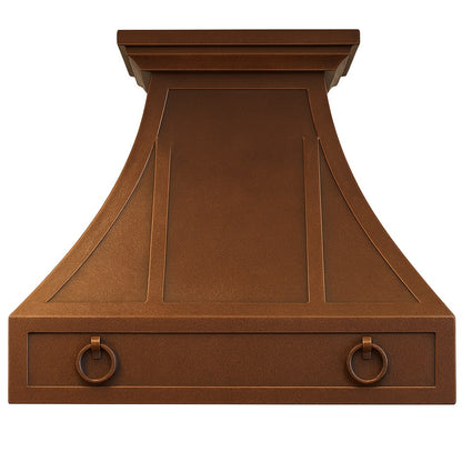 Hacienda copper range hood with decorative rings and trim panels