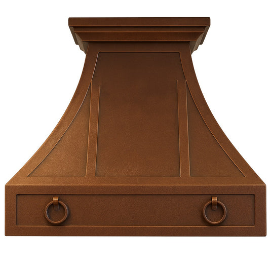 Hacienda copper range hood with decorative rings and trim panels