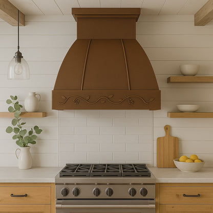 Hacienda copper range hood with grapevine apron design in a farmhouse style kitchen