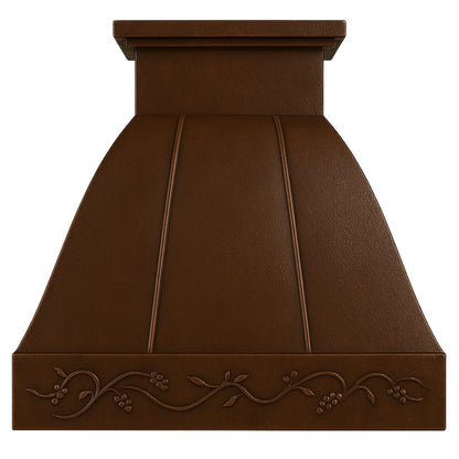 Hacienda copper range hood with grapevine apron design seen from the front