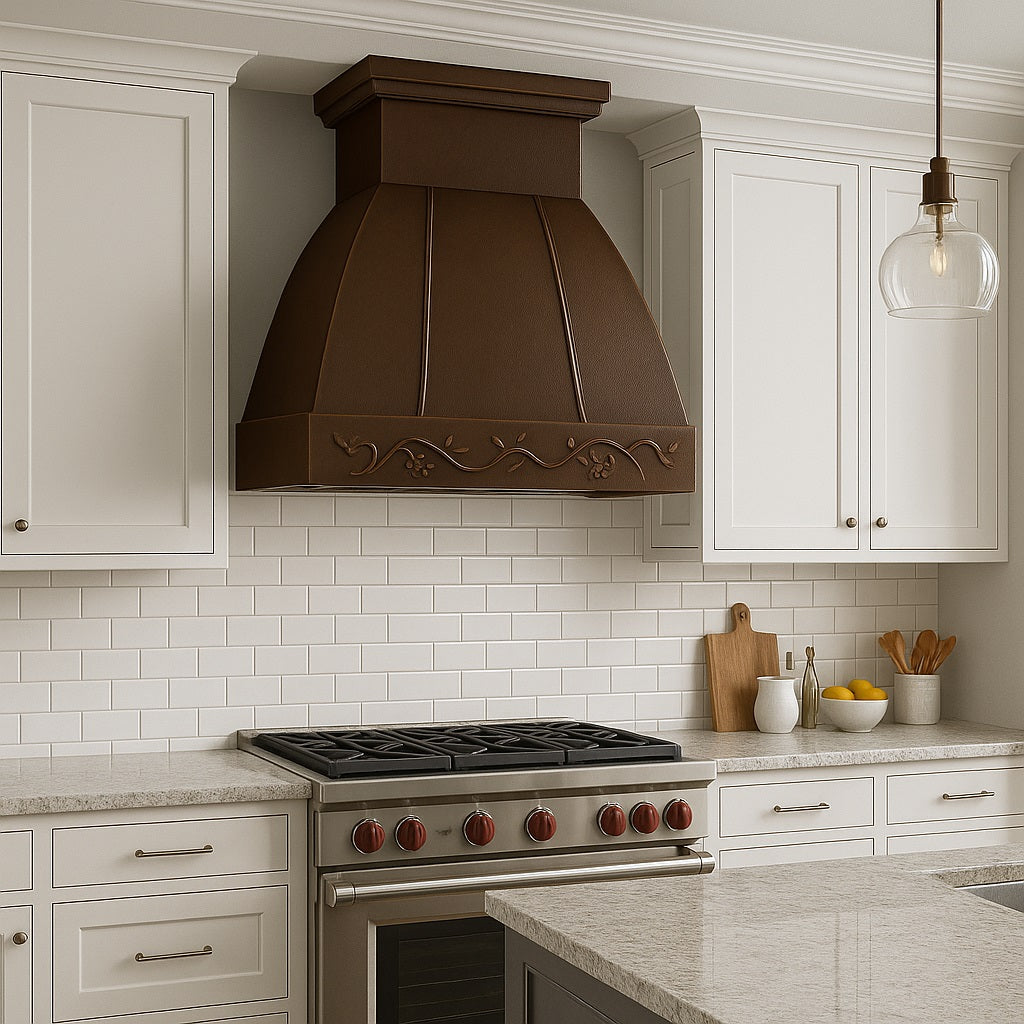 Hacienda copper range hood with grapevine apron design in a Transitional style kitchen