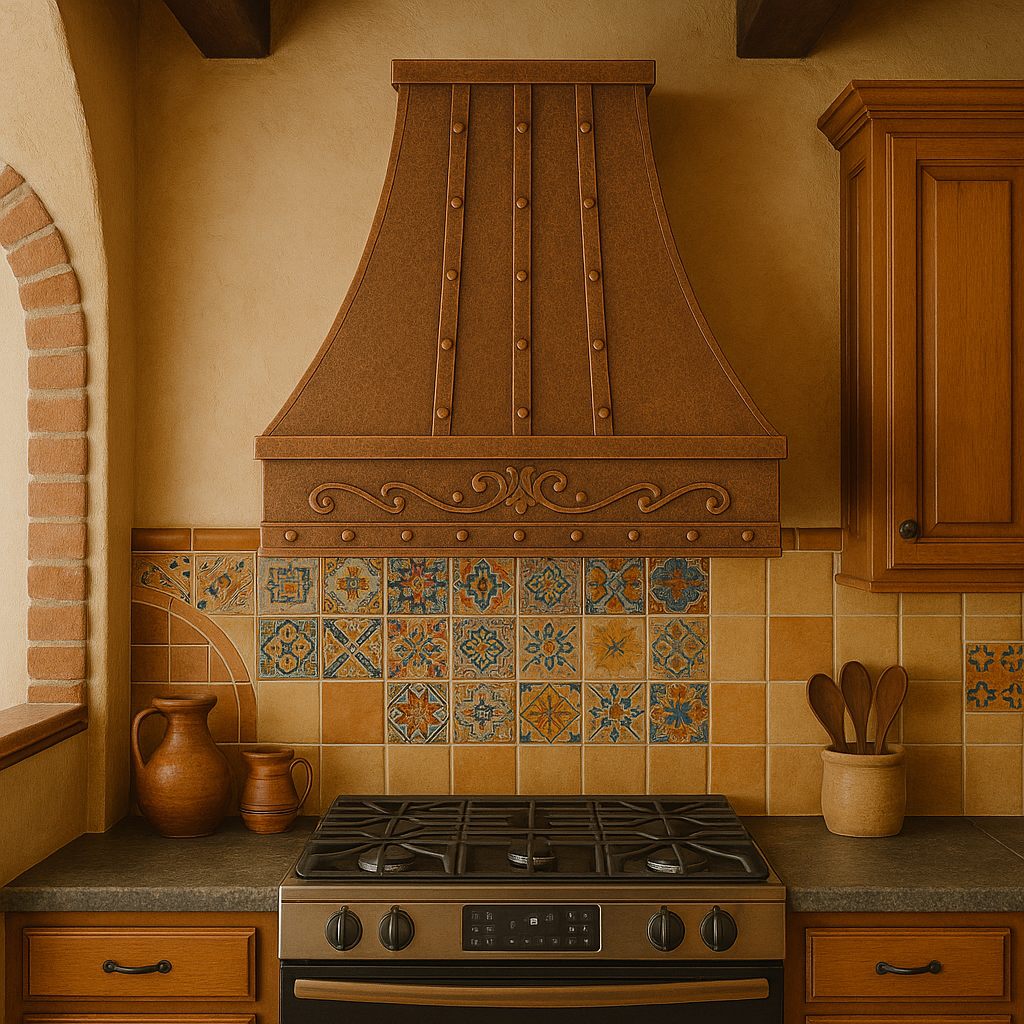 Hacienda copper range hood with rivets and scroll apron in wall mount version installed in a kitchen