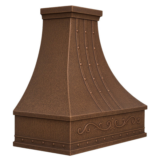 Hacienda copper range hood with rivets and scroll apron, side view