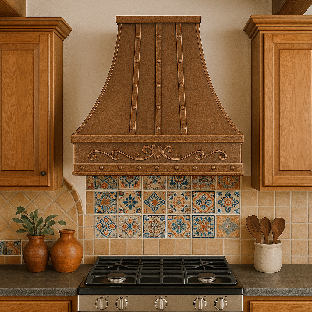 Hacienda copper range hood with rivets and scroll apron in a Southeastern style kitchen