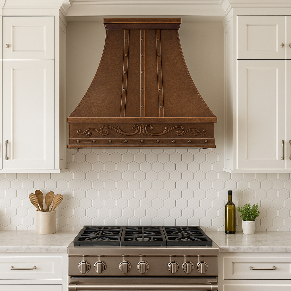 Hacienda copper range hood with rivets and scroll apron in a traditional style kitchen